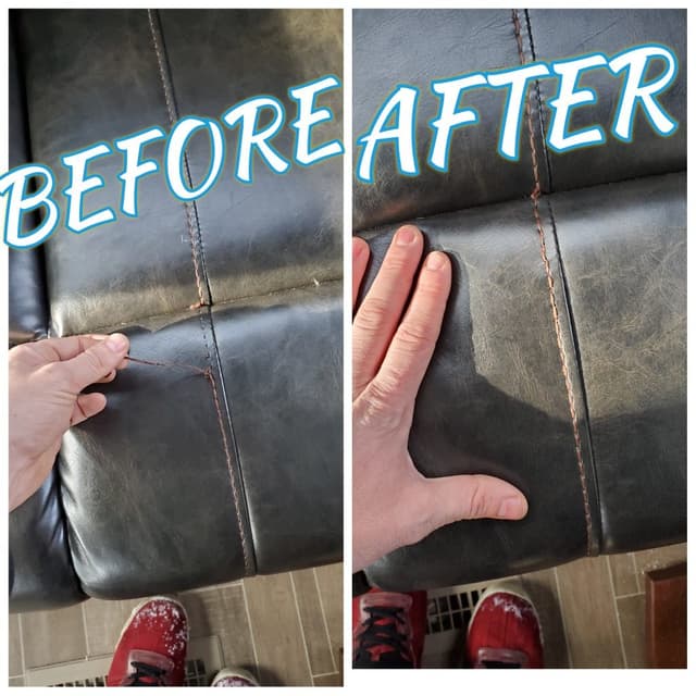 Decorative hand-stitched sofa repair